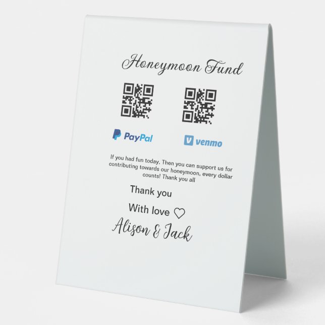 Honeymoon fund venomo paypal donation Q R couple Table Tent (Front)