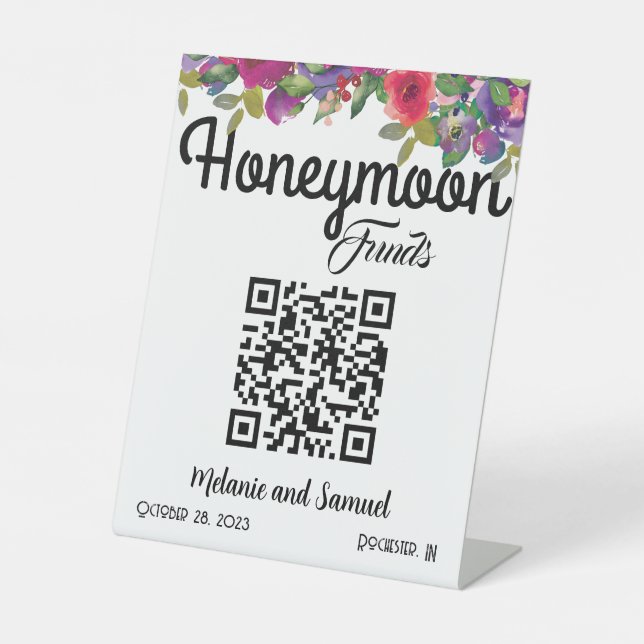 Honeymoon Funds QR Code Floral Wedding Pedestal Sign (Front)