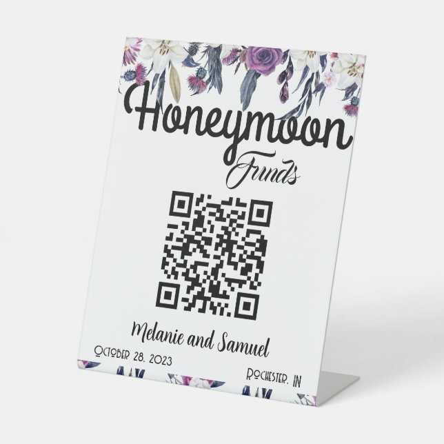 Honeymoon Funds QR Code Gothic Floral Wedding Pedestal Sign (Front)