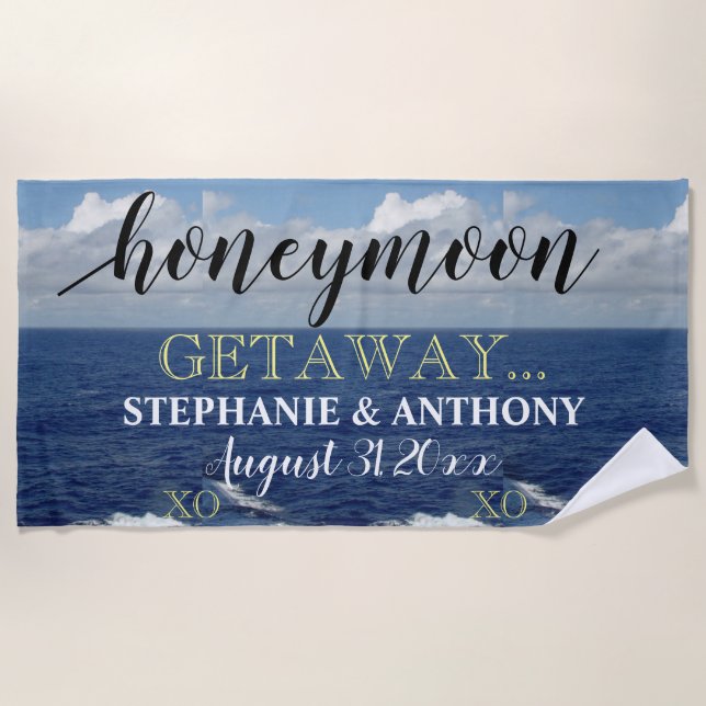 Honeymoon Getaway Ocean Waves Blue Sky XO Beach Towel (Front)