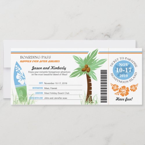 Honeymoon Gift Boarding Pass Palm Tree Surf Board Invitation