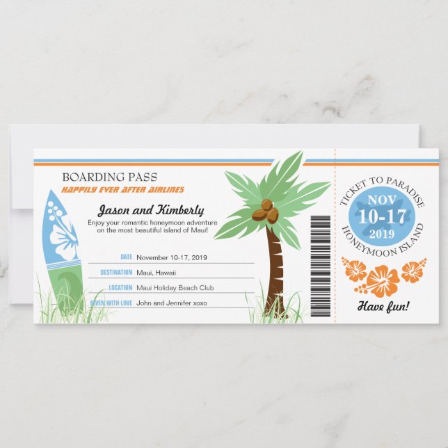Honeymoon Gift Boarding Pass Palm Tree Surf Board Invitation (Front)