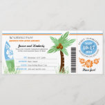 Honeymoon Gift Boarding Pass Palm Tree Surf Board Invitation<br><div class="desc">Thinking of a creative way to give a gift towards a bride and grooms honeymoon. Here is a Boarding Pass to Honeymoon Island with a Palm Tree, Surf Board and Hibiscus Flowers. Colors are in Light Blue, Green and Orange. If you would like a different color scheme or any design...</div>