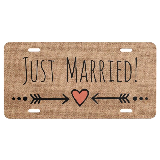 Honeymoon: Just Married! Faux Burlap Heart Wedding License Plate (Front)