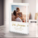Honeymoon Keepsake Newlyweds Bride Gift Memories Photo Block<br><div class="desc">Capture the magic! Our honeymoon keepsake photo block—newlyweds' delight and the perfect bride gift. Cherish the memories! 📸💑 #HoneymoonBliss #PhotoKeepsake

This custom honeymoon photo block features a hand lettered faux gold script font,  your personal photo surrounded by a gold frame with your name and honeymoon date.</div>