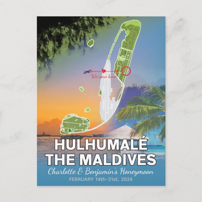Honeymoon Memories Hulhumale The Maldives Map Postcard (Front)