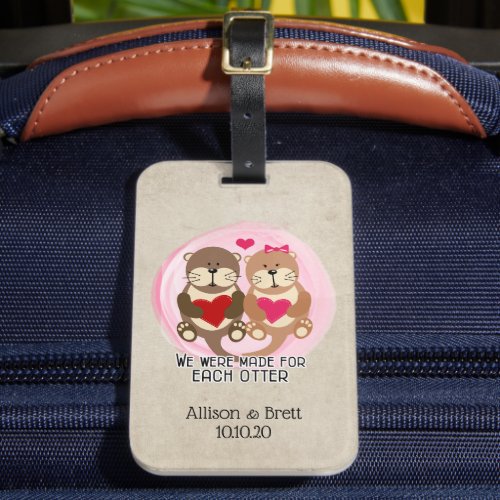 Honeymoon Otters Cute Hearts Couple Luggage Tag