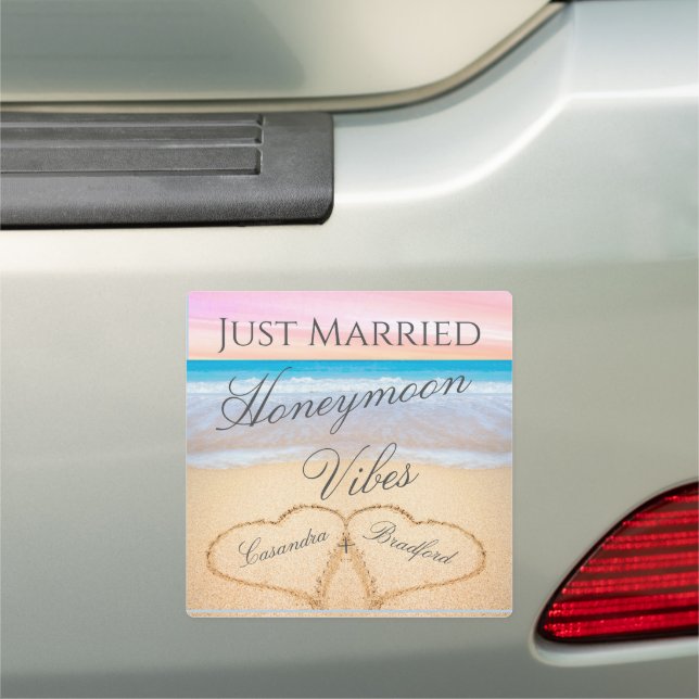 Honeymoon Vibes Chic Blush Pink Beach Hearts Sand  Car Magnet (In Situ)