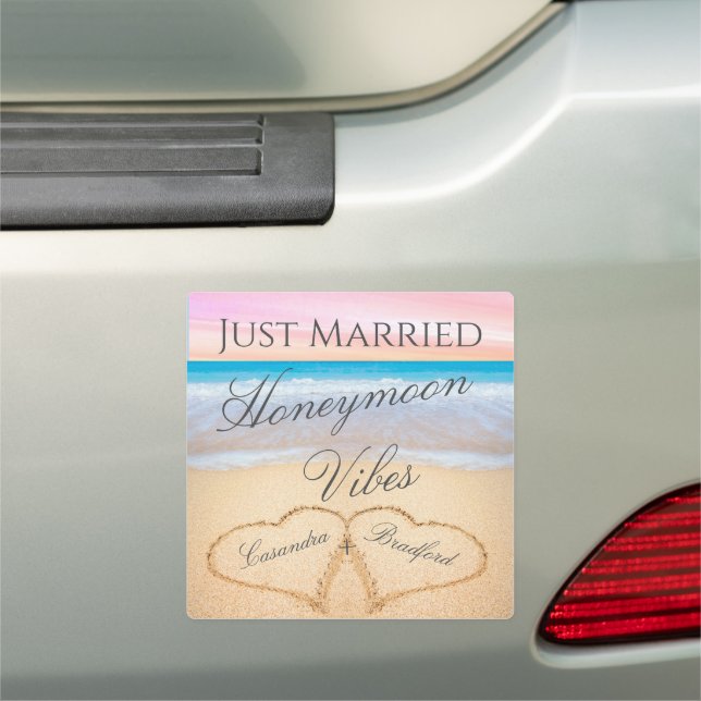 Honeymoon Vibes Chic Blush Pink Beach Hearts Sand  Car Magnet (In Situ)