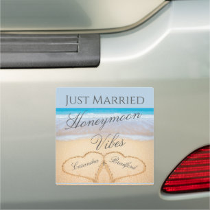 Honeymoon Vibes Dusty Blue Beach Hearts Sand Car Magnet