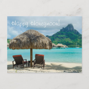 Honeymoon wish card with beach and two sunloungers