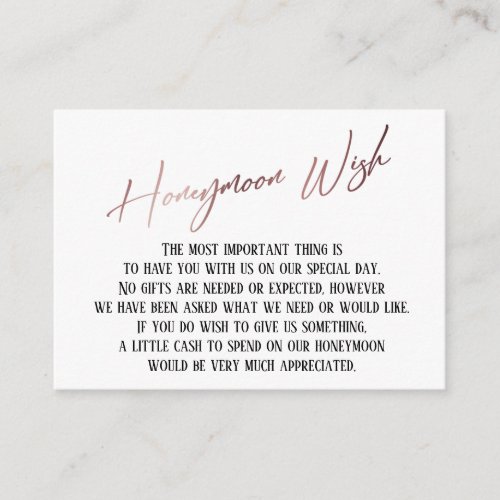 Honeymoon Wish Modern Rose Gold Handwriting Enclosure Card