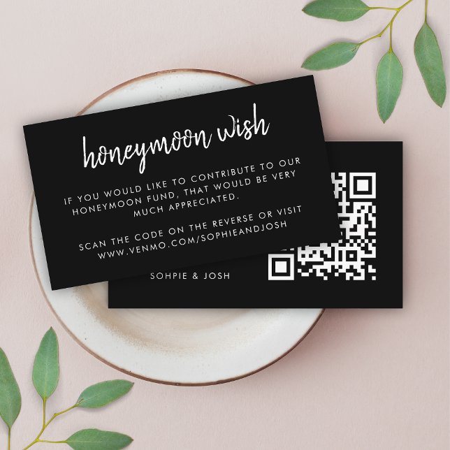 Honeymoon Wish | QR Code Wedding Registry Black En Enclosure Card (Creator Uploaded)