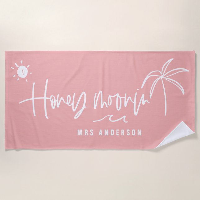 Honeymoonin' palm tree wedding gift beach towel (Front)