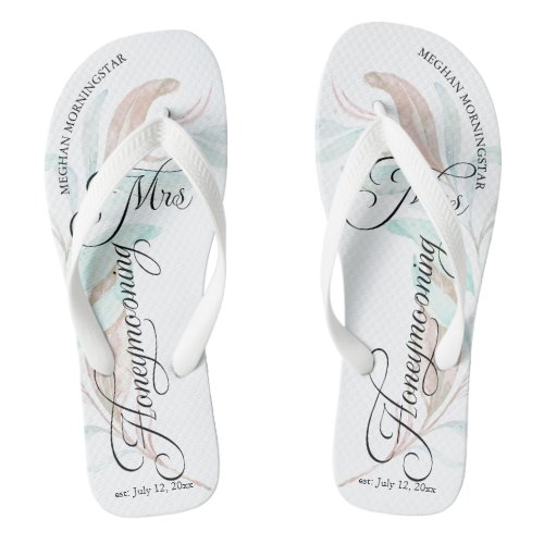 Honeymooning MRS Watercolor Eucalyptus Leaves Flip Flops