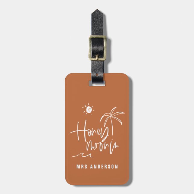 Honeymooning palm tree wedding gift beach modern l luggage tag (Front Vertical)