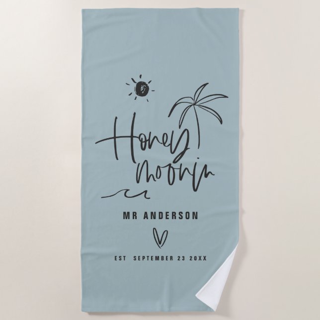Honeymooning palm tree wedding gift beach towel (Front)