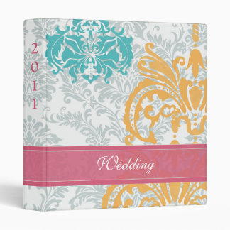 Honeysuckle and Blue Curacao Damask Wedding 3 Ring Binder