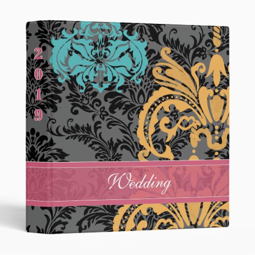 Honeysuckle and Blue Curacao Damask Wedding 3 Ring Binder