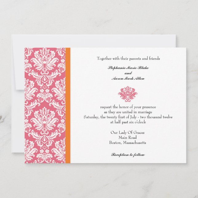 Honeysuckle and Coral Damask Wedding Invitation (Front)