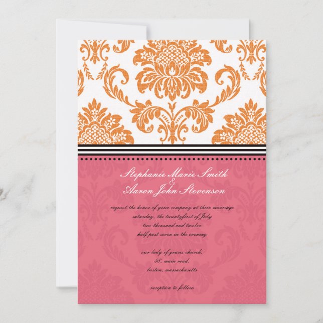 Honeysuckle and Coral Damask Wedding Invitation (Front)