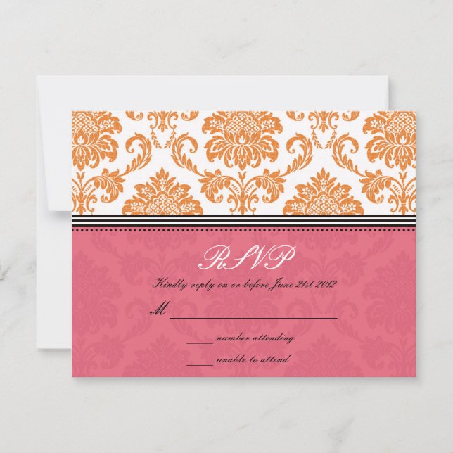 Honeysuckle and Tangerine Damask Wedding RSVP Card (Front)