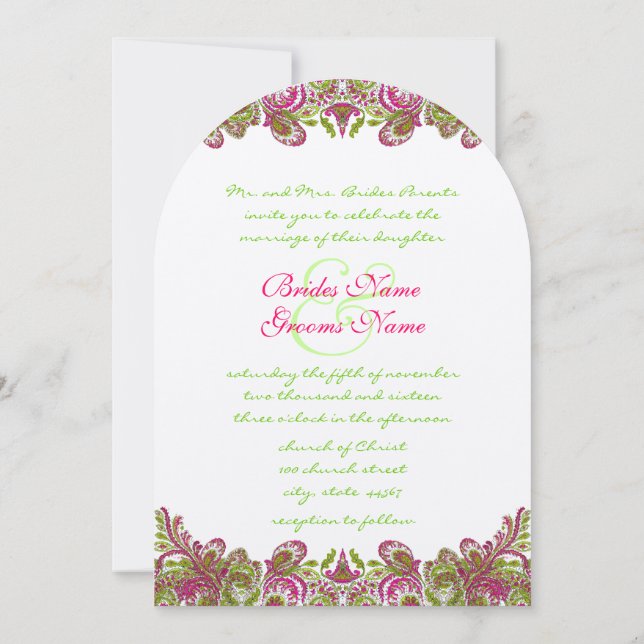 Honeysuckle Apple Green Paisley Wedding Invitation (Back)