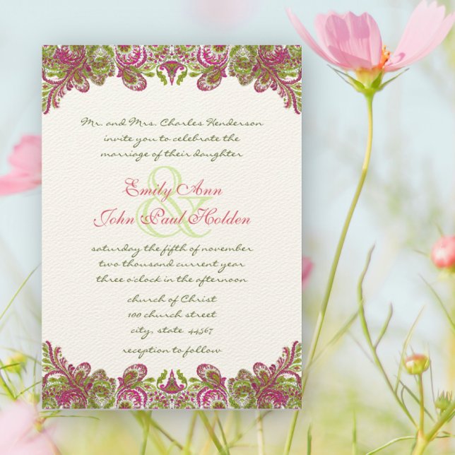 Honeysuckle Apple Green Paisley Wedding Invitation (Creator Uploaded)