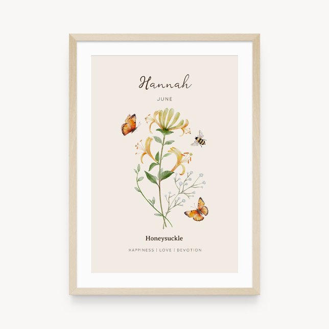 Honeysuckle Birth Month Flower Poster (Example of honeysuckle birth flower poster once framed. )