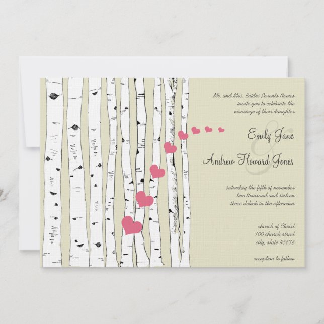Honeysuckle Hearts Birch Tree Wedding Invitations (Front)