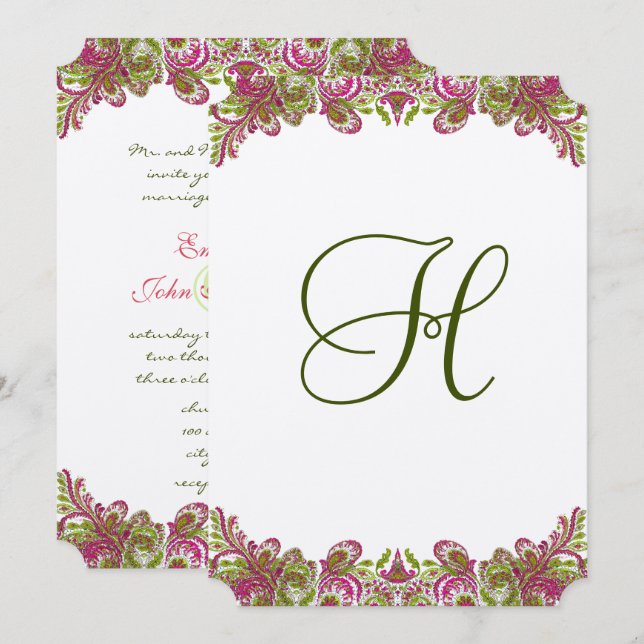 Honeysuckle Pink and Apple Green Paisley Wedding Invitation (Front/Back)