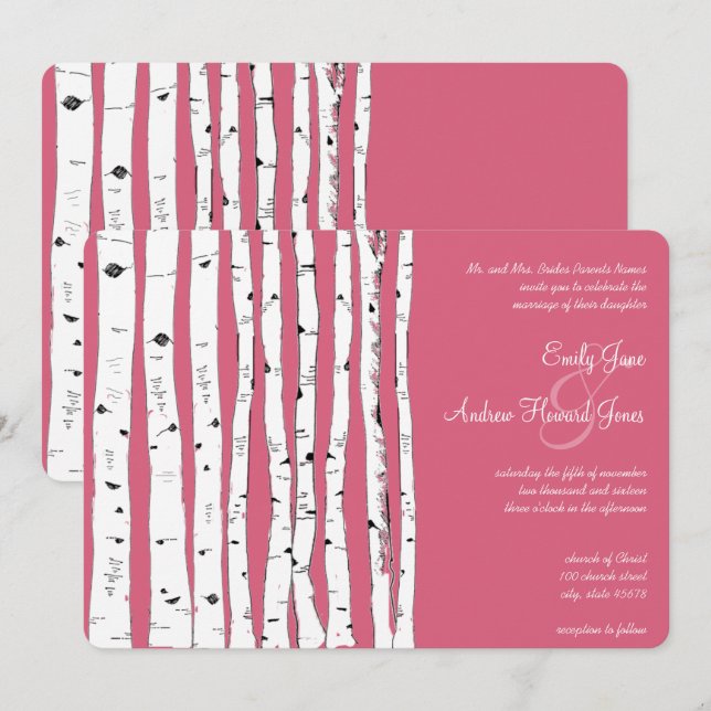 Honeysuckle Pink Birch Tree Wedding Invitations (Front/Back)