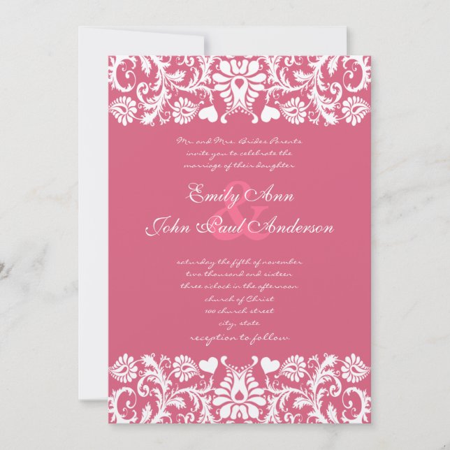 Honeysuckle Pink  Damask Swirls Wedding Invitation (Front)