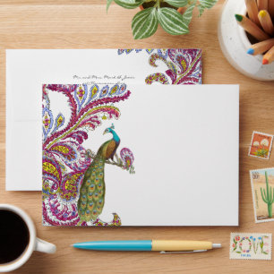 Honeysuckle Pink Vintage Peacock Wedding Envelope