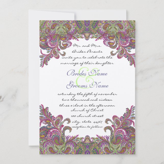 Honeysuckle Raspberry Peacock Paisley Wedding Invitation (Front)