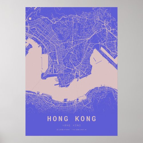 Hong Kong Blue City Map Poster
