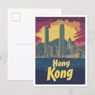Hong Kong China Art Vintage Travel Illustration Postcard