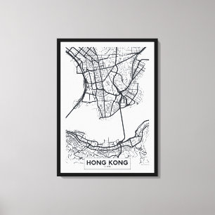 Hong Kong, China   Black and White City Map Canvas Print