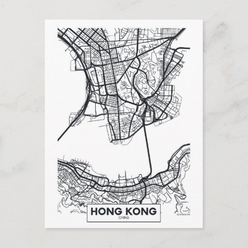 Hong Kong China  Black and White City Map Postcard