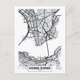 Hong Kong, China Black and White City Map Postcard