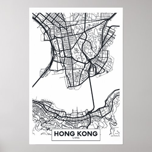 Hong Kong China  Black and White City Map Poster
