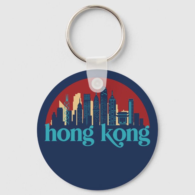 Hong Kong China Retro City Skyline Cityscape Art Keychain (Front)