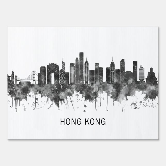 Hong Kong China Skyline BW Sign (Back)