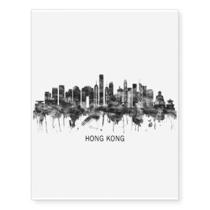 Hong Kong China Skyline BW Temporary Tattoos