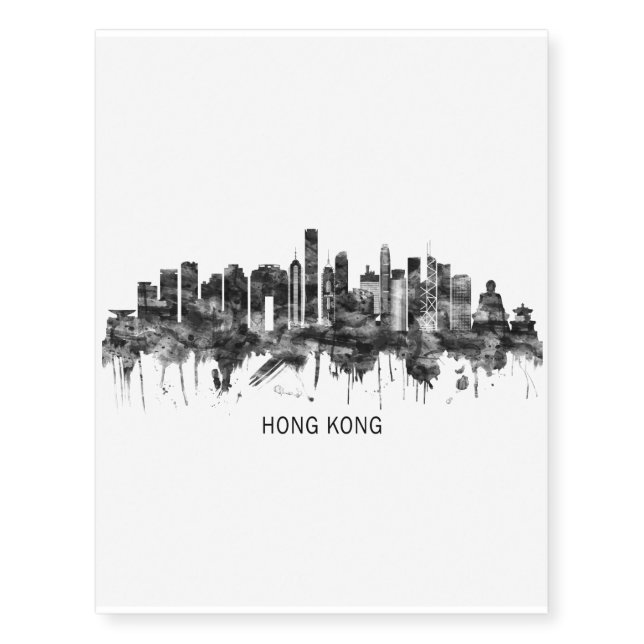 Hong Kong China Skyline BW Temporary Tattoos (Front)