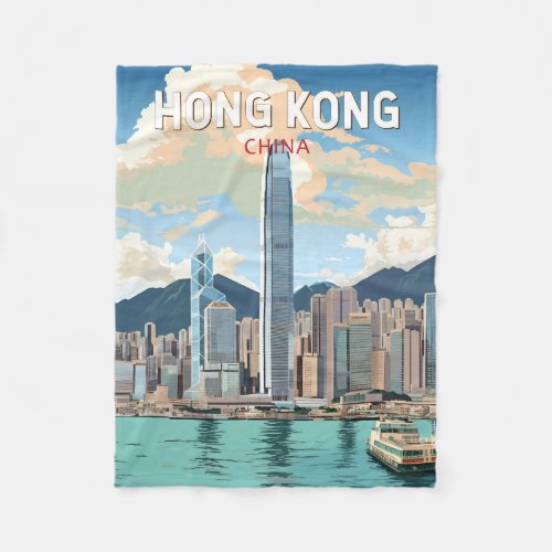 Hong Kong China Travel Art Vintage Fleece Blanket