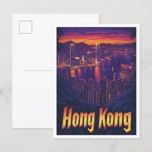 Hong Kong China Vintage Travel Illustration Postcard