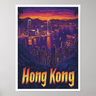 Hong Kong China Vintage Travel Illustration Poster