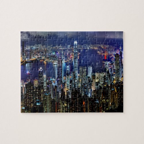 Hong Kong City Skyline Lights at Night Jigsaw Puzzle