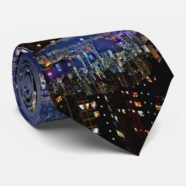 Hong Kong City Skyline Lights at Night Neck Tie (Rolled)